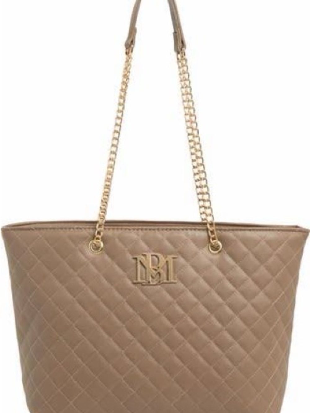 Badgley Mischka Quilted Taupe Tote with Gold Chain Straps